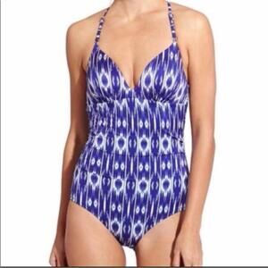 Athleta Vibrant Blue & White Amalfi Ikat Print One Piece Swimsuit - Medium